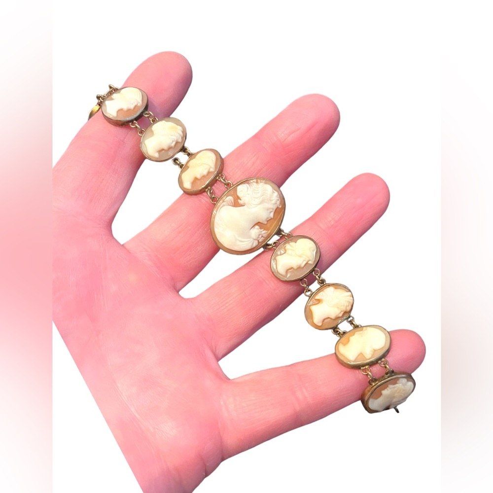 Stunning Antique Art Deco Italy Carved Shell Cameo Link Bracelet 900 GF wash